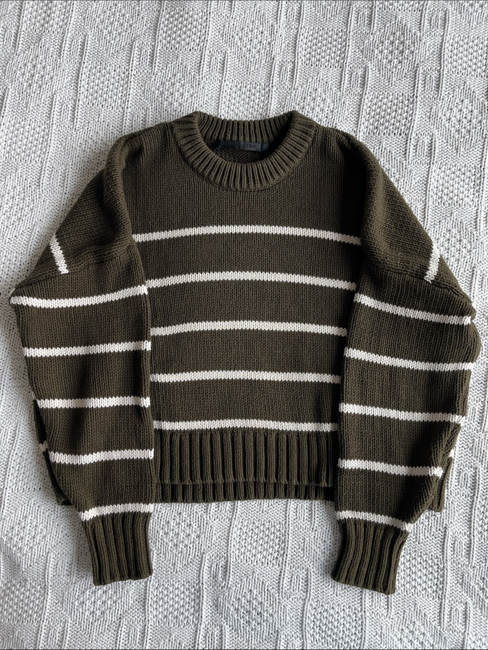 Jenni Kayne Chloe Striped Cotton Crewneck Sweater in Warm Olive Cream Sz M - Picture 1 of 7
